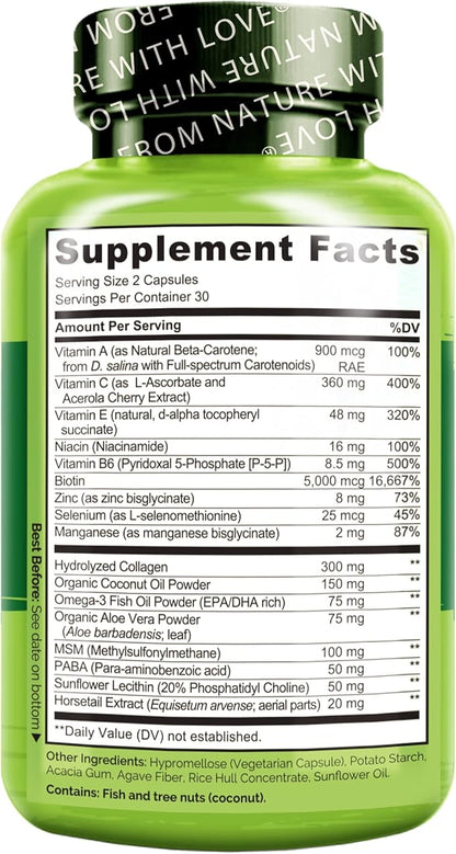 NATURELO Hair, Skin and Nails Vitamins - 5000 mcg Biotin, Collagen, Natural Vitamin E - Supplement for Healthy Skin, Hair Growth for Women and Men – 60 Capsules