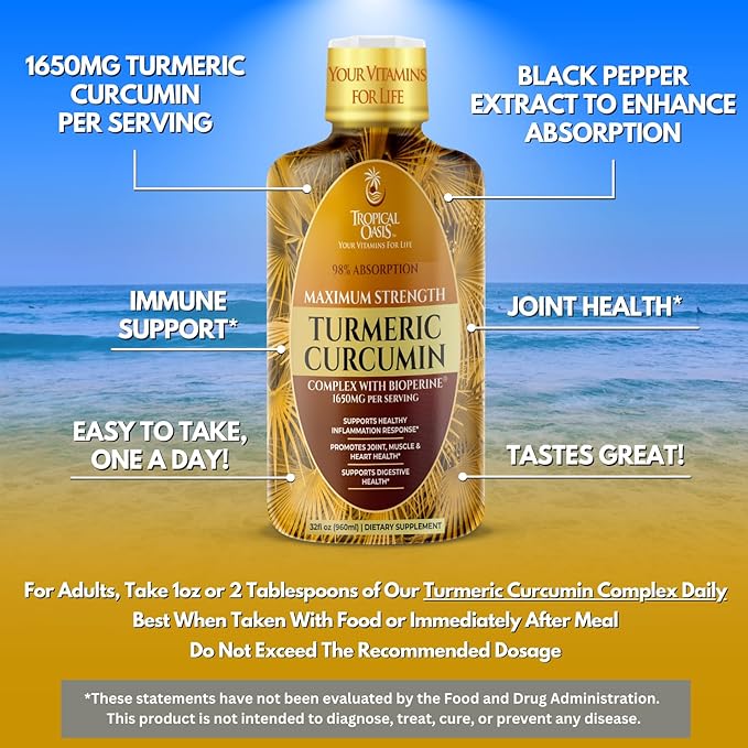 Tropical Oasis Liquid Turmeric Curcumin w/Bioperine - 1650mg Maximum Strength Turmeric Supplement with Black Pepper & Vitamin C - 98% Absorption Rate - 32oz