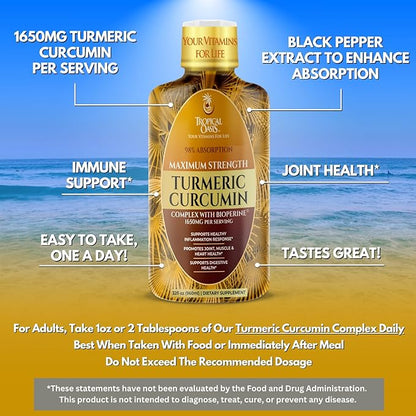 Tropical Oasis Liquid Turmeric Curcumin w/Bioperine - 1650mg Maximum Strength Turmeric Supplement with Black Pepper & Vitamin C - 98% Absorption Rate - 32oz