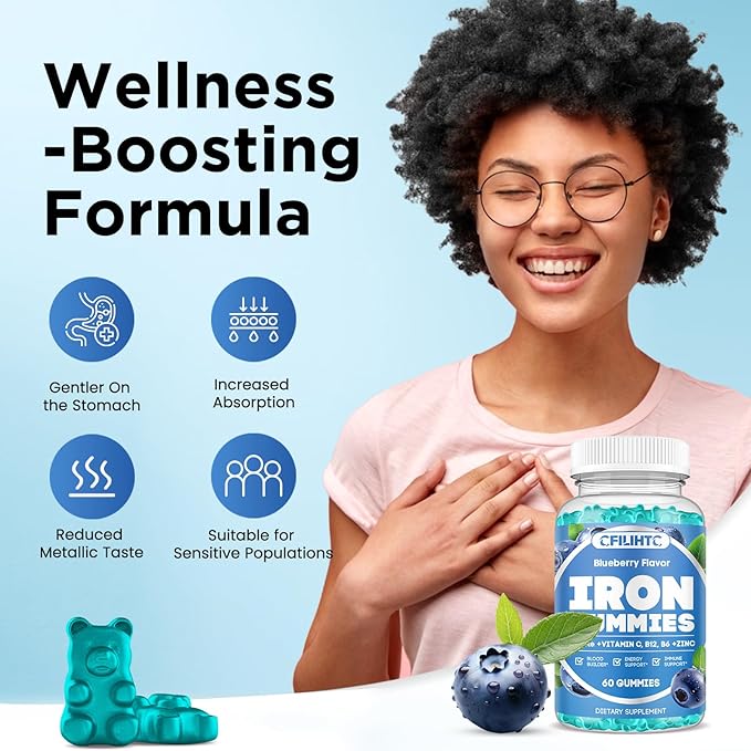 Iron Gummies for Women & Men - Iron Supplement with Vitamin B6, B12, C, Zinc, Folate for Adults & Kids - Support Iron Deficiency, Anemia, Energy Boost, Blood Builder - Sugar Free Vegan 60ct Blueberry