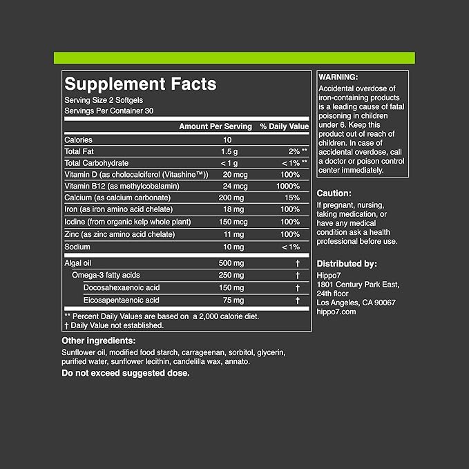 Vegan Complete Multivitamin Vitamin B12, Vitamin D, Omega-3 DHA+EPA, Calcium, Iodine, Zinc & Iron. (1 Bottle, 60 Softgels)