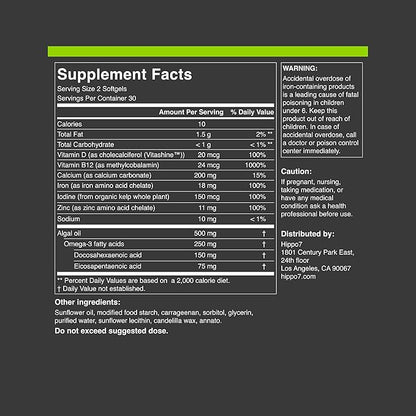Vegan Complete Multivitamin Vitamin B12, Vitamin D, Omega-3 DHA+EPA, Calcium, Iodine, Zinc & Iron. (1 Bottle, 60 Softgels)