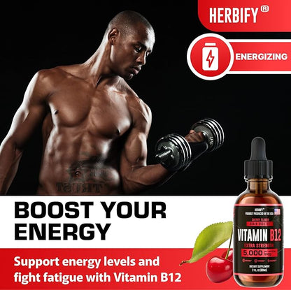 HERBIFY Vitamin B12 Organic Methylated Multivitamin Energy Supplements for Women & Men - Liquid B12 Vitamins 5000 Mcg Methylfolate - Energy Support and Natural Immune Health Liquid Vitamin 2 Oz
