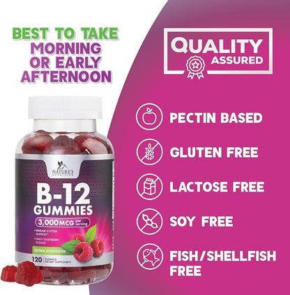 B12 Gummies, Extra Strength Energy 3000 mcg Vitamin B12, B-12 Energy Metabolism & Immune System Support, Chewable Supplement for Adults & Kids, Caffeine Free, Berry Flavored Gummy, Vegan - 120 Count