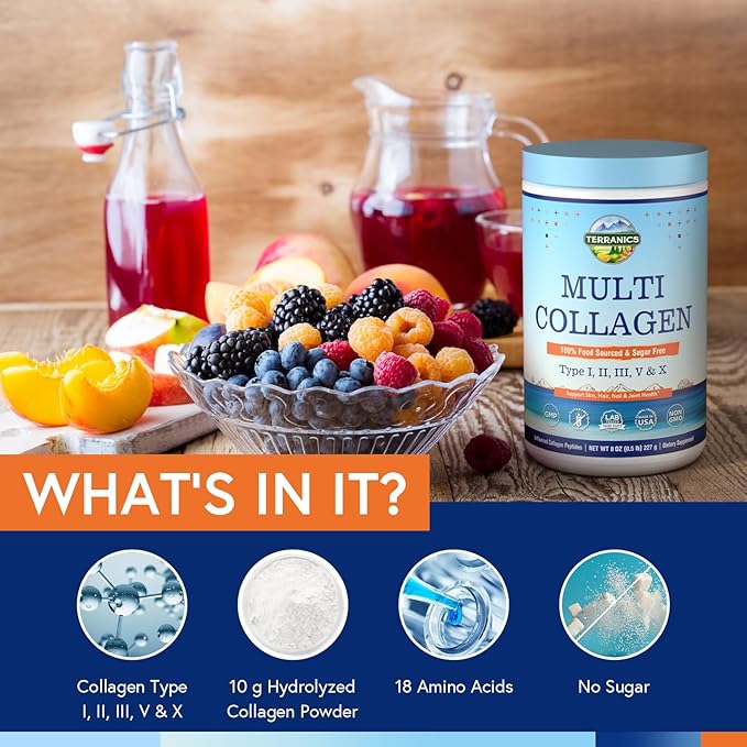 Terranics Multi Collagen Peptides Powder, Type I II III V X Collagen for Women & Men, Collagen Supplements for Skin, Nail, Hail & Joint, Easy to Dissolve, Unflavored, No Sugar, Keto, 8oz