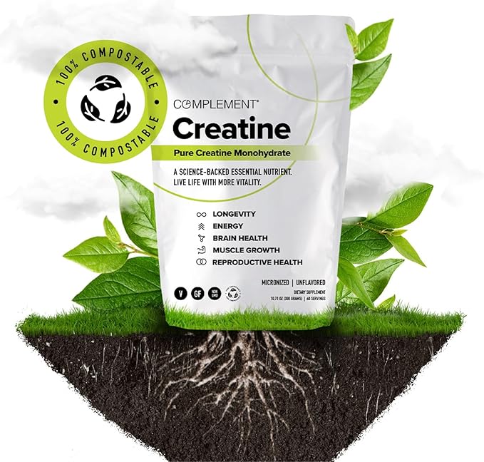 Complement Creatine Monohydrate Micronized Powder for Women and Men (5g, 60 Servings) Pre Workout, Post Workout, Muscle Recovery, Brain Health, Longevity- Vegan, Unflavored