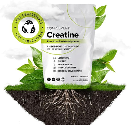 Complement Creatine Monohydrate Micronized Powder for Women and Men (5g, 60 Servings) Pre Workout, Post Workout, Muscle Recovery, Brain Health, Longevity- Vegan, Unflavored