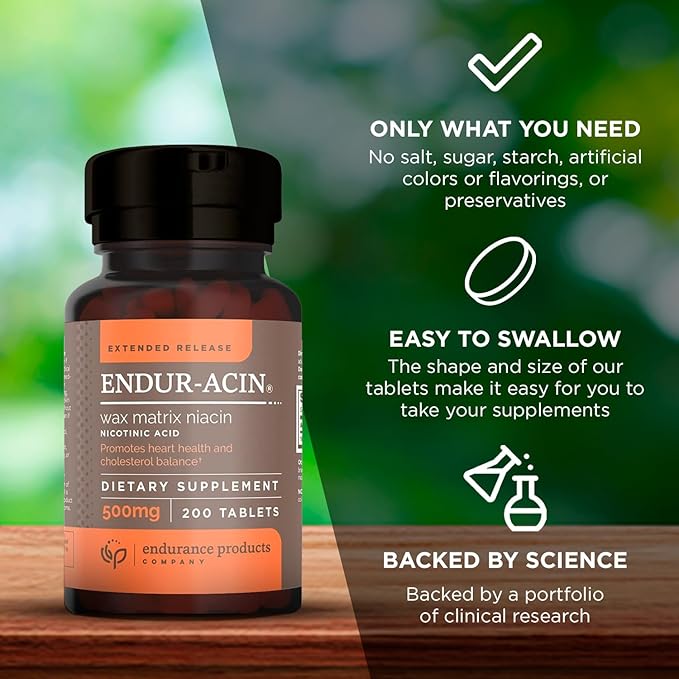 ENDUR-ACIN, Extended Release Niacin for Optimal Absorption & Low-Flush Vitamin B3 Niacin 500mg, Premium Niacin Supplement Made in USA, 200 Tablets
