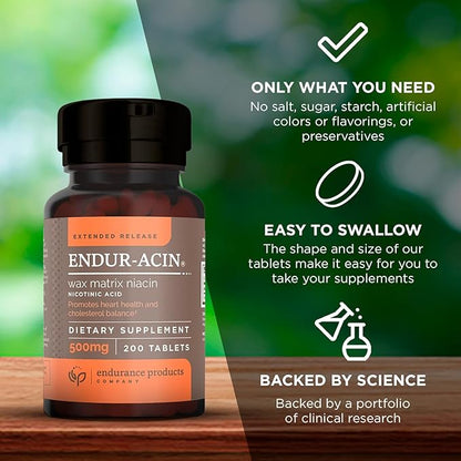 ENDUR-ACIN, Extended Release Niacin for Optimal Absorption & Low-Flush Vitamin B3 Niacin 500mg, Premium Niacin Supplement Made in USA, 200 Tablets