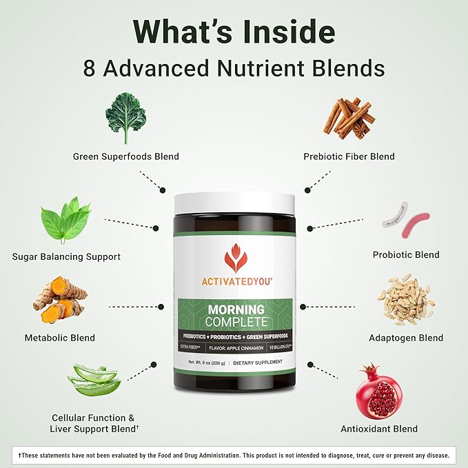 ACTIVATEDYOU Morning Complete Daily Wellness Greens Superfood Drink Mix for Gut Health w/Prebiotics, Probiotics, Antioxidants, Green Superfoods, 10 Billion CFUs, 30 Servings (Apple Cinnamon)
