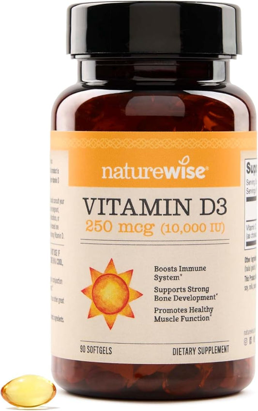 NatureWise Vitamin D3 10,000IU (250 mcg) Extra Strength for Healthy Muscle Function and Immune Support, Non-GMO, Gluten Free in Organic Extra Virgin Olive Oil, Softgel, 90 Count[3-Month Supply]