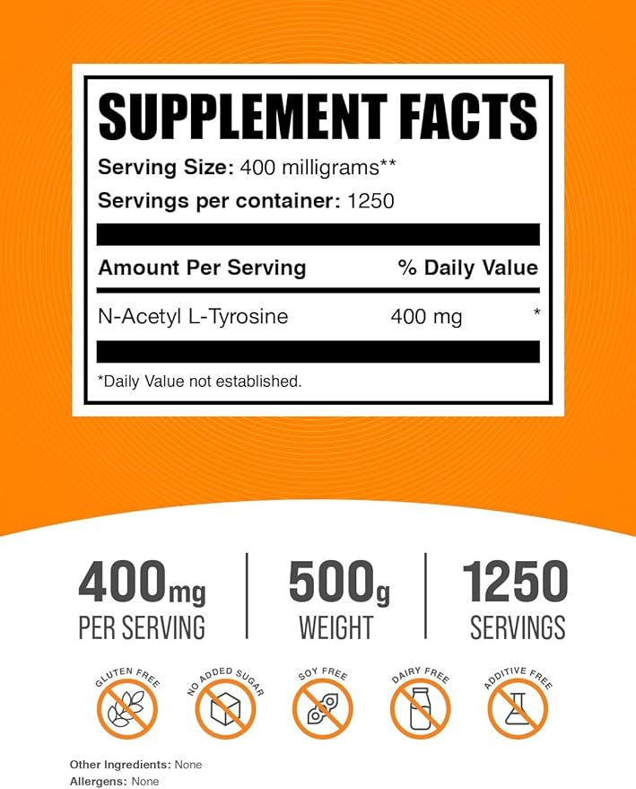 BulkSupplements.com N-Acetyl L-Tyrosine Powder -Tyrosine Supplement, NALT Powder - Amino Acid Supplement, Unflavored & Gluten Free, 400mg per Serving, 500g (1.1 lbs) (Pack of 1)