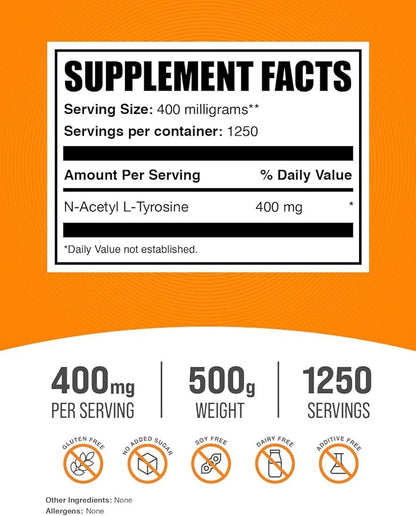 BulkSupplements.com N-Acetyl L-Tyrosine Powder -Tyrosine Supplement, NALT Powder - Amino Acid Supplement, Unflavored & Gluten Free, 400mg per Serving, 500g (1.1 lbs) (Pack of 1)