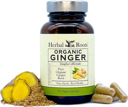 Herbal Roots Ginger Supplement | Organic Ginger Root Capsules | 1,200 mg of Pure Ginger Powder per Serving | 60 Vegan Capsules