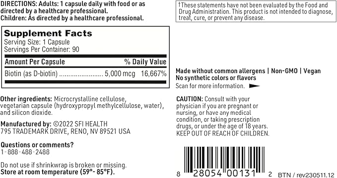 Klaire Labs Biotin 5000mcg - High Potency Biotin Supplement - Vitamin Involved in Skin & Hair Nutrition - Corn-Free, Small, Easy-to-Swallow Hypoallergenic Biotin Pills (90 Caps)