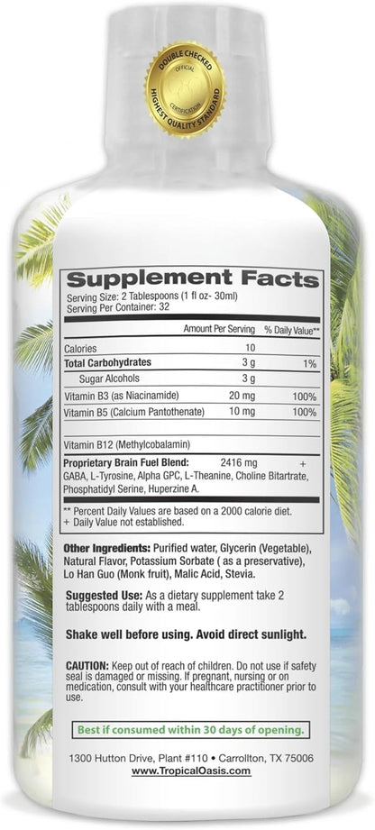 Tropical Oasis - Brain Power | Liquid Nootropic Supplement - Promotes Mental Clarity, Focus, and Memory Retention (Unflavored, 32 Servings)
