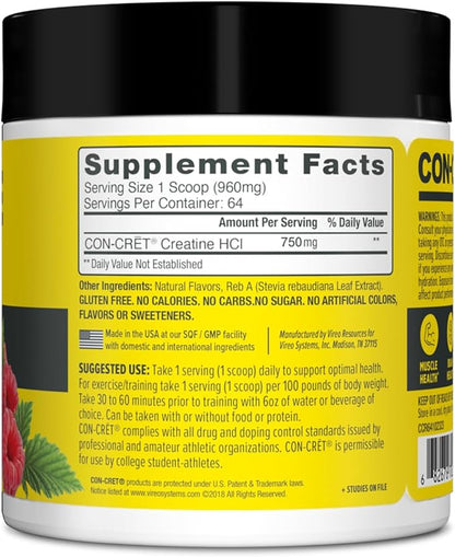 Creatine HCl Powder | Muscle, Cognitive, Cellular Energy Support | No Bloating or Cramps | USA Made & NSF Certified | Raspberry (64 Serving)