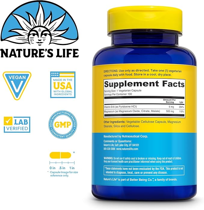 Nature’s Life Renewing Magnesium 500 mg - Magnesium Citrate, Magnesium Malate, Magnesium Oxide Plus Vitamin B-6 - Muscles and Nerves Support - Lab Verified (100 Servings, 100 VegCaps)