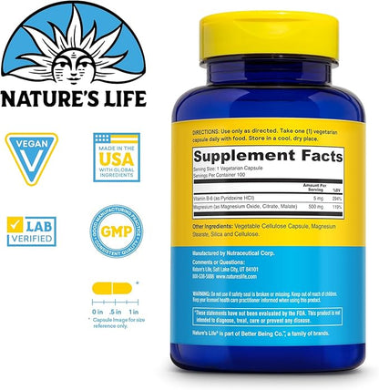Nature’s Life Renewing Magnesium 500 mg - Magnesium Citrate, Magnesium Malate, Magnesium Oxide Plus Vitamin B-6 - Muscles and Nerves Support - Lab Verified (100 Servings, 100 VegCaps)