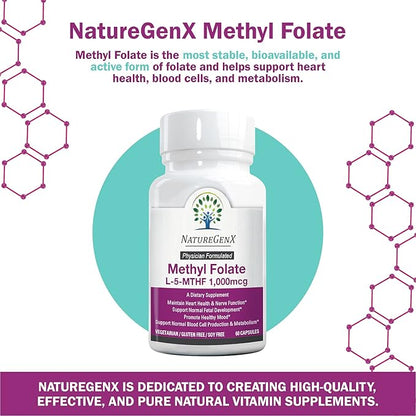 Methylfolate MTHRF Supplement - 1000 mcg Bioactive Vitamin B9 (5-MTHF) - Supports Pregnancy & Fetal Health - 60 Capsules - Gluten-Free