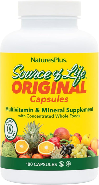 Natures Plus Source of Life - 180 Capsules - Multivitamin & Mineral Supplement - Supports Natural Energy & Overall Well-Being - Gluten Free, Vegetarian - 60 Servings