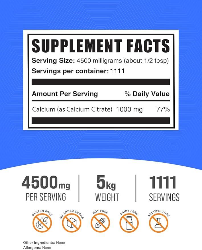 BulkSupplements.com Calcium Citrate Powder - Calcium Citrate Supplement, Calcium Citrate 1000mg - High Absorption, for Bone Health, 4760mg (1000mg Calcium) per Serving, 5kg (11 lbs)