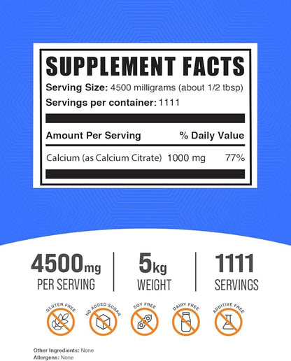 BulkSupplements.com Calcium Citrate Powder - Calcium Citrate Supplement, Calcium Citrate 1000mg - High Absorption, for Bone Health, 4760mg (1000mg Calcium) per Serving, 5kg (11 lbs)
