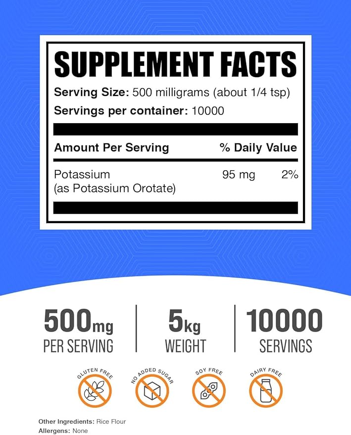 BulkSupplements.com Potassium Orotate Powder - Potassium Supplement, Potassium Orotate 500mg, Potassium Powder - Gluten Free, 500mg (95mg Potassium) per Serving, 5kg (11 lbs) (Pack of 5)