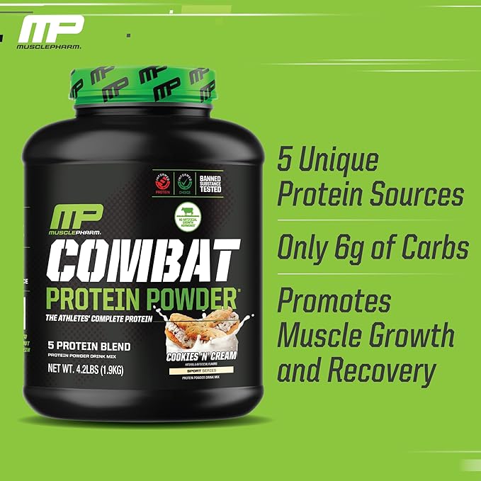 MusclePharm Combat Protein Powder, Cookies ‘N’ Cream Flavor, Fuels Muscles for Productive Workouts, 5 Protein Sources including Whey Protein Isolate & Egg Albumin, Gluten Free, 4 lb, 52 Servings