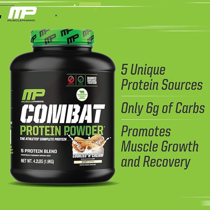 MusclePharm Combat Protein Powder, Cookies ‘N’ Cream Flavor, Fuels Muscles for Productive Workouts, 5 Protein Sources including Whey Protein Isolate & Egg Albumin, Gluten Free, 4 lb, 52 Servings