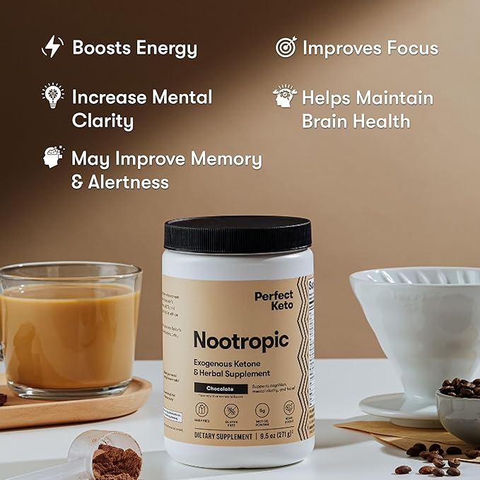 Perfect Keto Nootropic Brain Support, Caffeine Free Focus and Energy Supplement with Alpha Lipoic Acid, L Theanine, Ginkgo Biloba, Alpha GPC, MCT's, Collagen, Ketones, Chocolate Drink Mix, 15 Servings