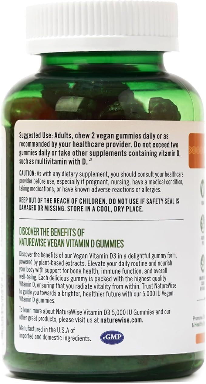 NatureWise Vitamin D3 5000 IU Gummies - Mixed Berry Flavor - Vegan D from Lichen, Pectin Based, Immune Support for Adults, Muscle & Bone Strength - Gluten Free, Non-GMO - 60 Count[1-Month Supply]