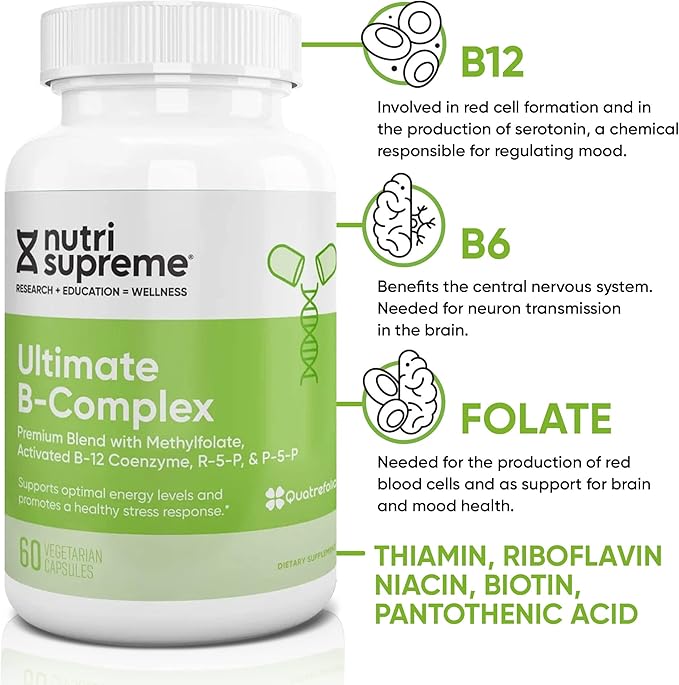 Nutri Supreme Ultimate B Complex, Highly Absrobable Essential B Vitamins with Methylfolate to Support Nervous System Function, 60 Capsules