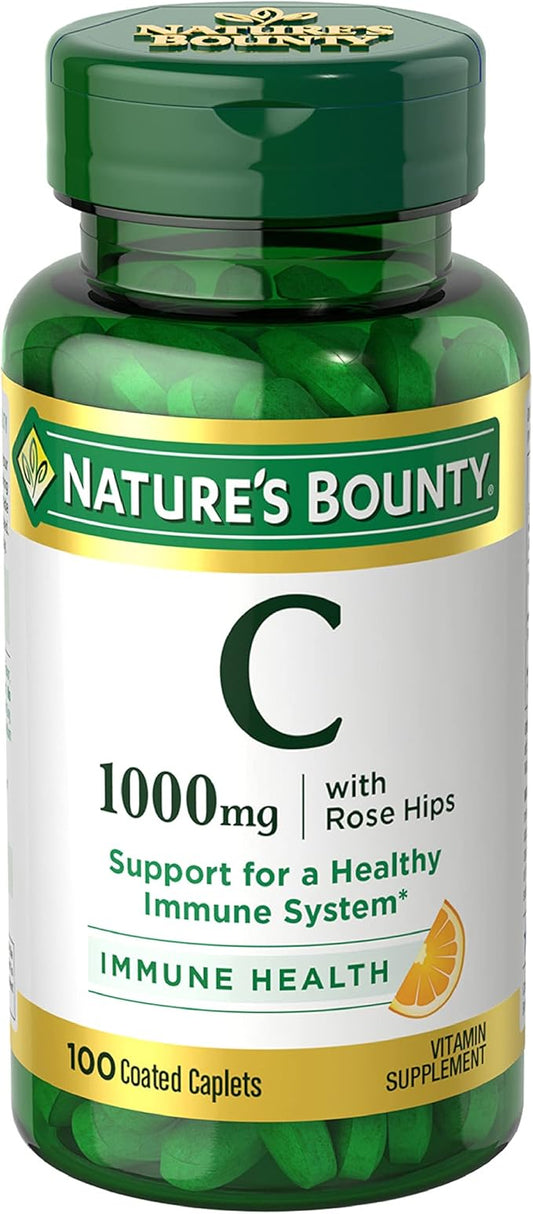 Nature's Bounty Vitamin C + Rose Hips, Immune Support, 1000mg, Coated Caplets, 100 Ct