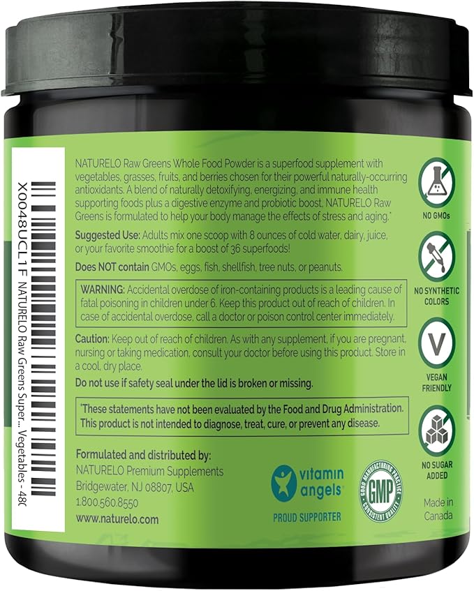 NATURELO Raw Greens Superfood Powder - Unsweetened - Boost Energy, Detox, Enhance Health - Organic Spirulina - Wheat Grass - Whole Food Nutrition from Fruits & Vegetables - 480 Grams