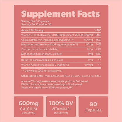 Calcium Supplement - Whole Food with Vitamin K2 & D3, Magnesium, Zinc, Boron, Mineral Complex. Sourced Sustainably from Red Algae. for Bone Strength and Support. Non-GMO & Vegan 90 Capsules.