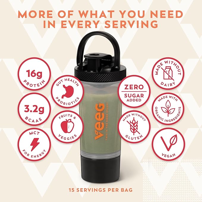 Veeg Meal Replacement Powder, All-in-One Plant-Based Protein Superfood with 50+ Superfoods & Vitamins, Organic Greens & Reds, MCT, Probiotics | Non GMO Vegan Protein Powder Vanilla, 15 Servings