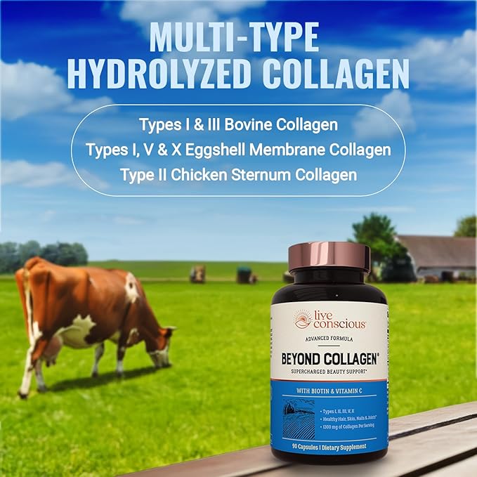 Live Conscious Beyond Collagen Multi Collagen Capsules - Types I, II, III, V & X - Hydrolyzed Blend with Biotin & Vitamin C for Hair, Skin, Nails 90 Capsules