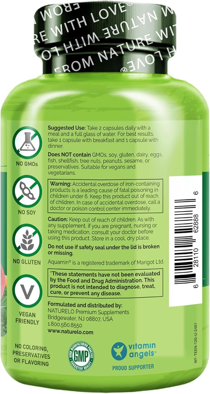 NATURELO Whole Food Multivitamin for Teens - with Vitamins & Minerals for Teenage Boys & Girls - Supplement for Active Kids - Non-GMO - Vegan & Vegetarian - 120 Capsules