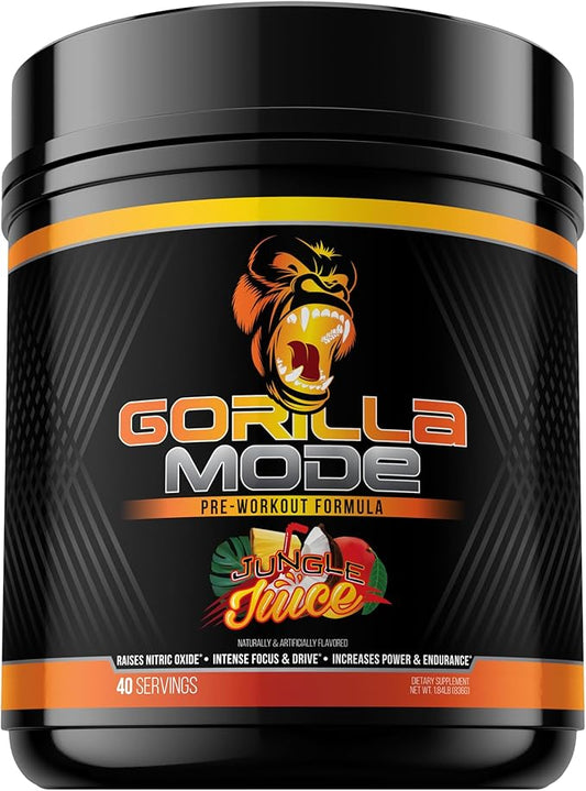 Gorilla Mode Pre Workout - Massive Pumps · Laser Focus · Energy · Power - L-Citrulline, Creatine, L-Tyrosine, Betaine, Hydroprime®, Alpha-GPC, 400mg Caffeine, Huperzine A - 836g (Jungle Juice)