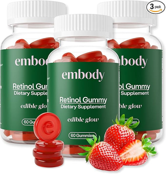 Embody Multivitamin Retinol Gummy - 180 Count, Strawberry Flavor - Vitamin A Supplement for Anti-Aging, Acne, and Clear Skin - Glowing and Youthful Hair, Skin and Nails - Biotin, Vitamin C