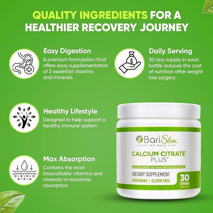 BariSlim Bariatric Calcium Citrate Plus Powder - Formulated for Patients After Weight Loss Surgery - Maximum Support for Bone Function and Health - Easy Digestion and Absorption | 600 mg (30 Servings)