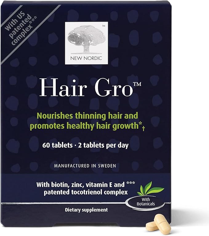 NEW NORDIC Hair GRO, Hair Growth Supplement, Biotin & Palm Fruit Extract Tocotrienols for Natural Regrowth, for Men and Women, 60 Count (Pack of 1)
