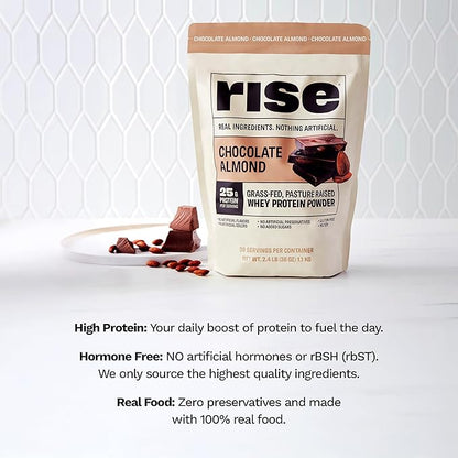 Rise Grass-Fed Whey Protein Powder - Sample Chocolate Almond | 25g Protein No Artificial Flavors, Colors, or Preservatives - Sugar Free, Gluten-Free, Soy Free (Single Serving)