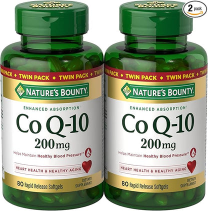 Nature's Bounty CoQ10 200 mg Softgels, Heart Health & Cellular Energy Support, Twin Pack, 160 Rapid Release Softgels