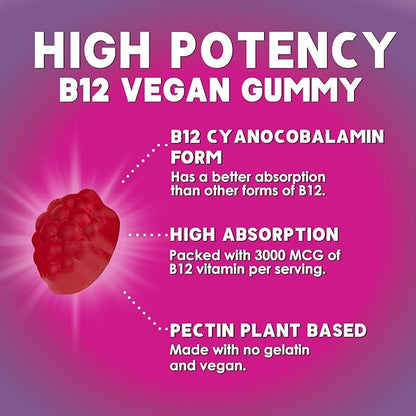 B12 Gummies, Extra Strength Energy 3000 mcg Vitamin B12, B-12 Energy Metabolism & Immune System Support, Chewable Supplement for Adults & Kids, Caffeine Free, Berry Flavored Gummy, Vegan - 120 Count
