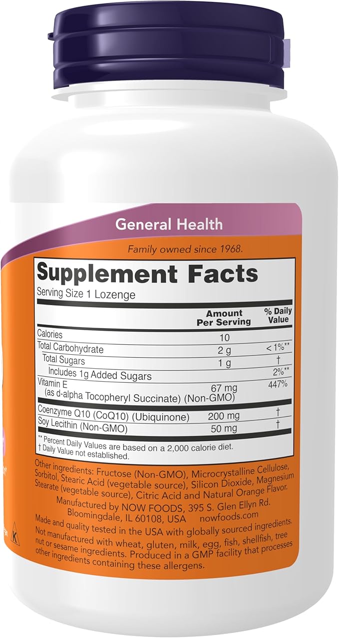 NOW Foods Supplements, CoQ10 200 mg, Pharmaceutical Grade, All-Trans Form produced by Fermentation, 90 Lozenges