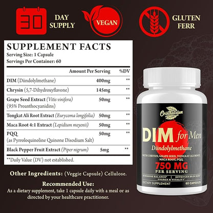 DIM Supplement for Men 750MG, Chrysin & Black Pepper Extract, 60 Capsules (1 Bottle)
