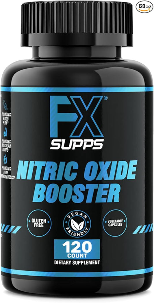 FX SUPPS Nitric Oxide Booster | Bodybuilding Pre Workout Pills for Men and Women (1 Pack of 120 Capsules) Boost Energy Pump & Vascularity | Muscle Builder Supplement with Arginine, Best for Athletes