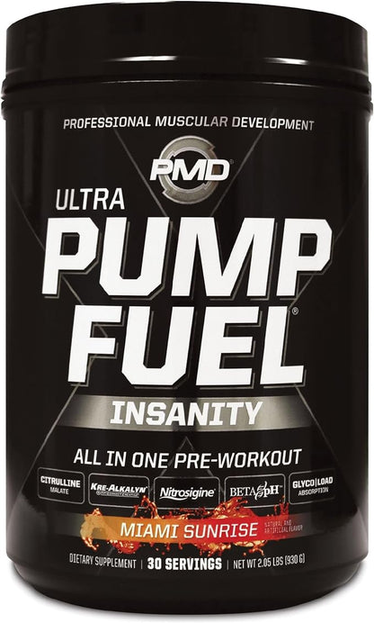 PMD Sports Ultra Pump Fuel Insanity - Pre Workout Drink Mix for Energy, Strength, Endurance, Recovery - Complex Carbohydrates and Amino Energy - Miami Sunrise (30 Servings)